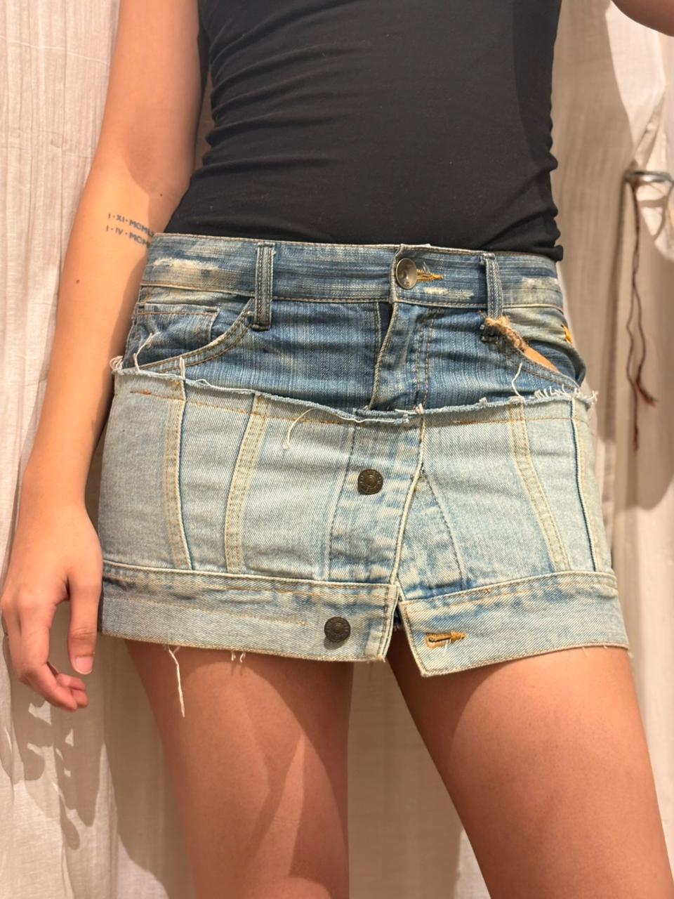 UPCYCLED DENIM PATCHED SKIRT