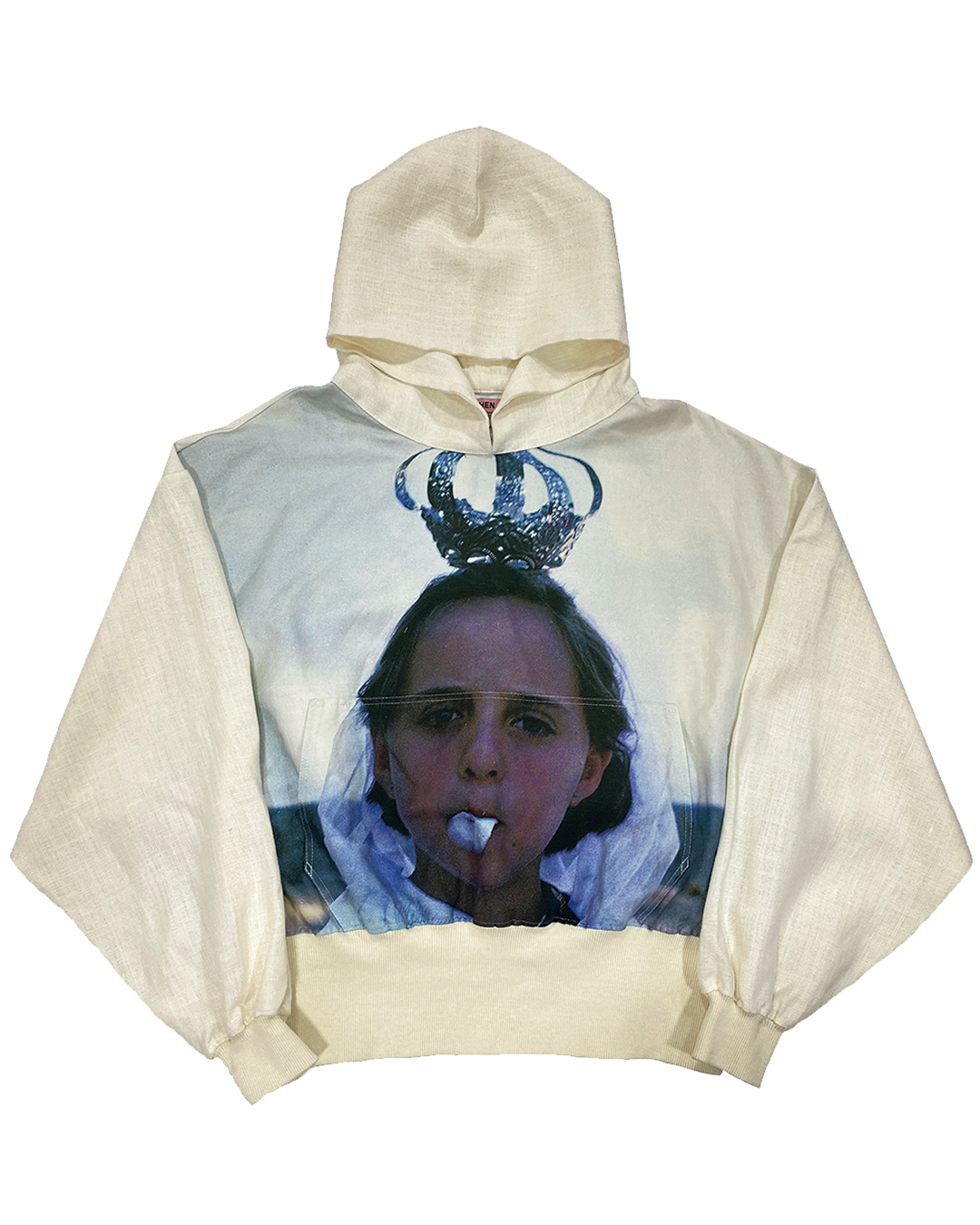 A person wearing a white hoodie with a photograph print on the front. Béhen - Gum Hoodie sold by two extra lives