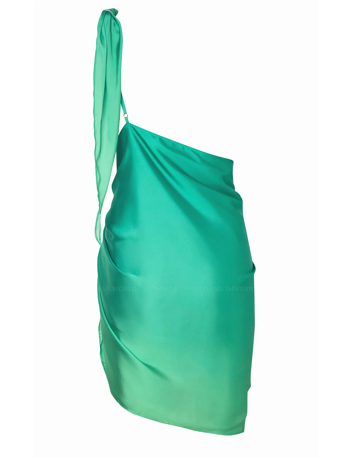 Two women standing by a water feature at dusk, wearing long, green, satin-like mini dresses with one-shoulder designs. Baobab - Marea Mini Green Dress sold by two extra lives
