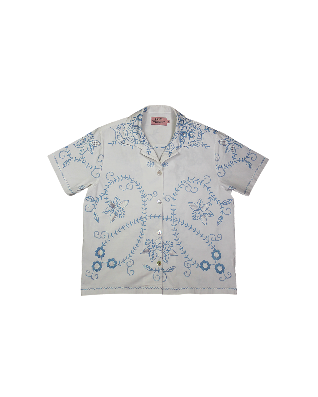 A white linen shirt with blue floral embroidery, featuring a collar and short sleeves. 
Béhen - Airy Blue Embroidery Shirt sold by two extra lives