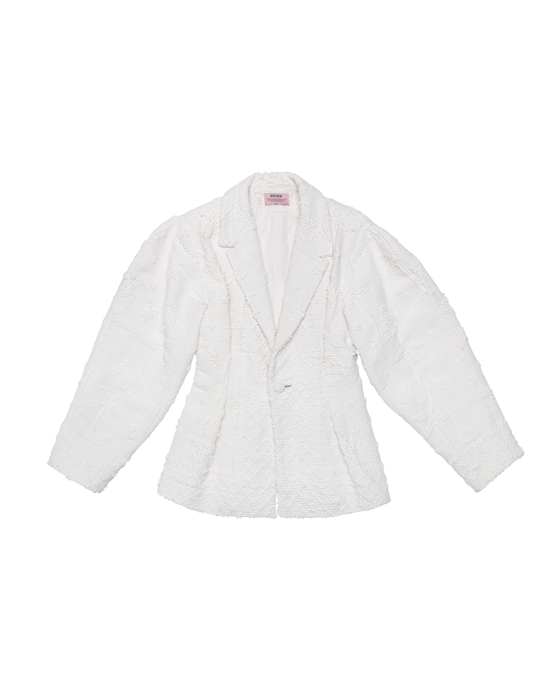 A white, textured blazer with a V-neck collar and double-breasted button details. Béhen - Almalagues Blazer sold by two extra lives.