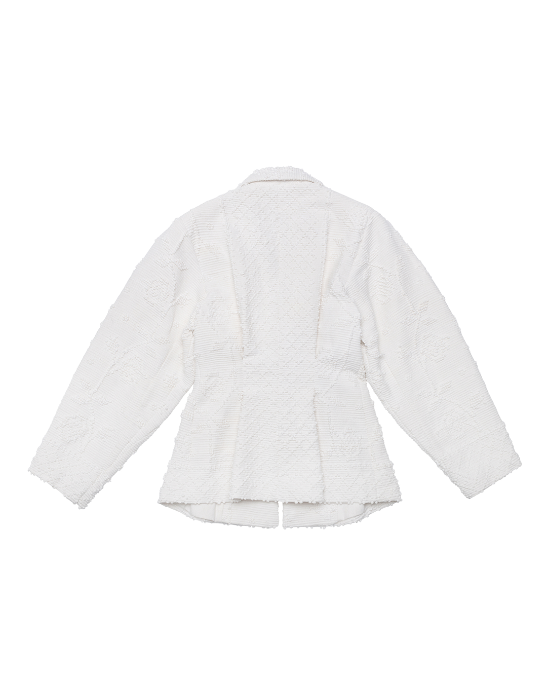 A white, textured blazer with a V-neck collar and double-breasted button details. Béhen - Almalagues Blazer sold by two extra lives.