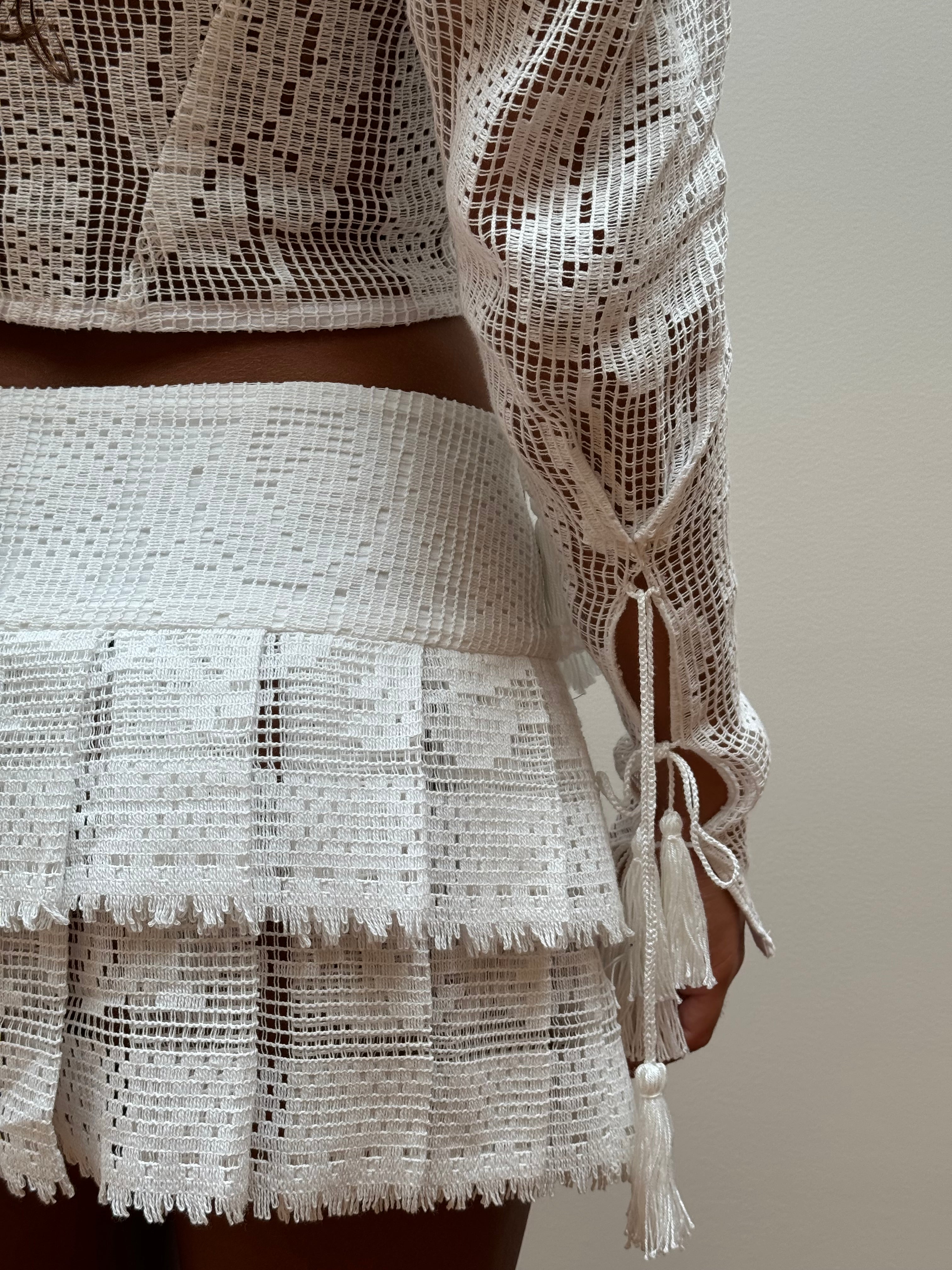 White frilled skirt made using table cloth by a brand called behen sold by two extra lives