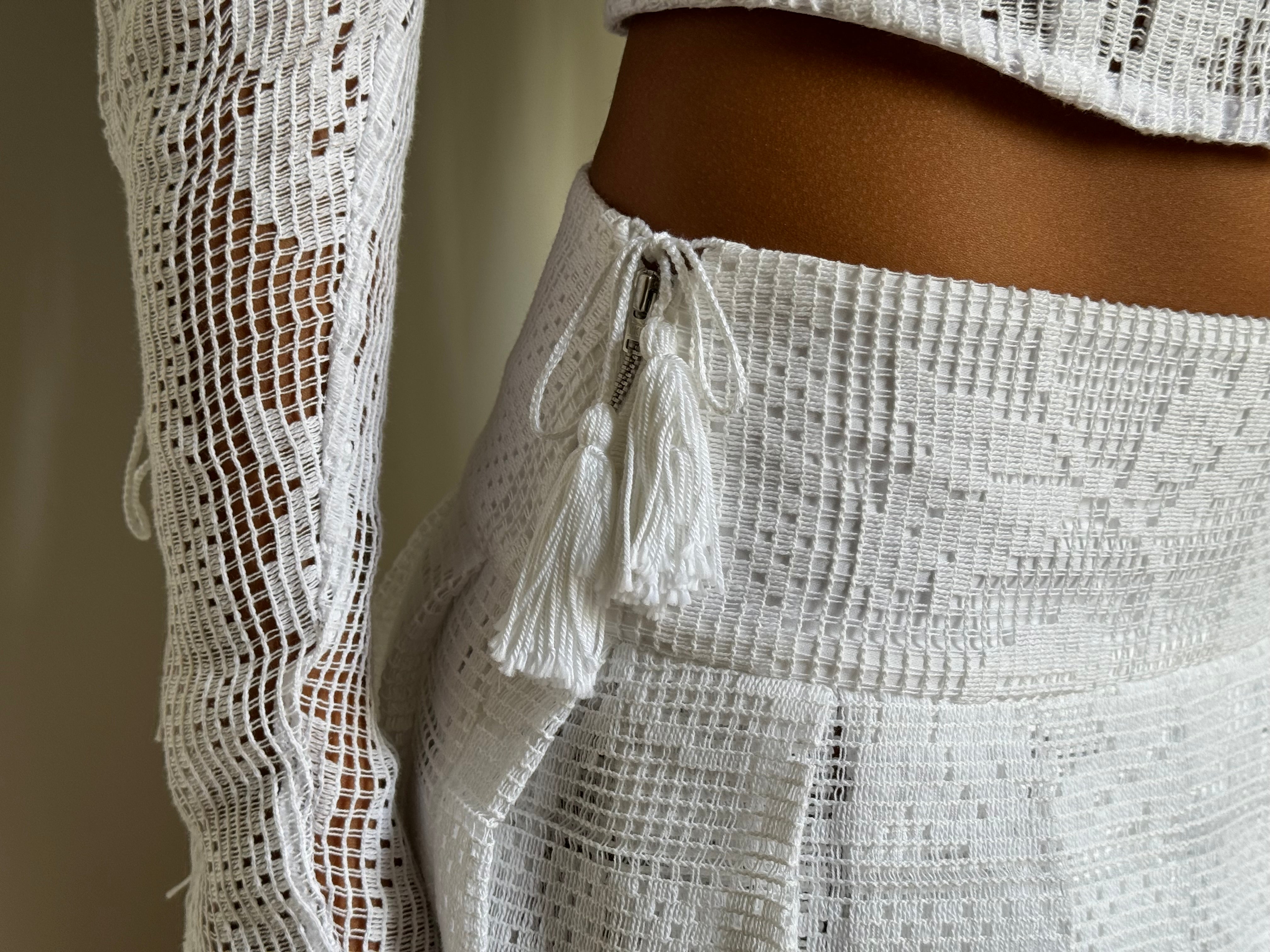 White frilled skirt made using table cloth by a brand called behen sold by two extra lives