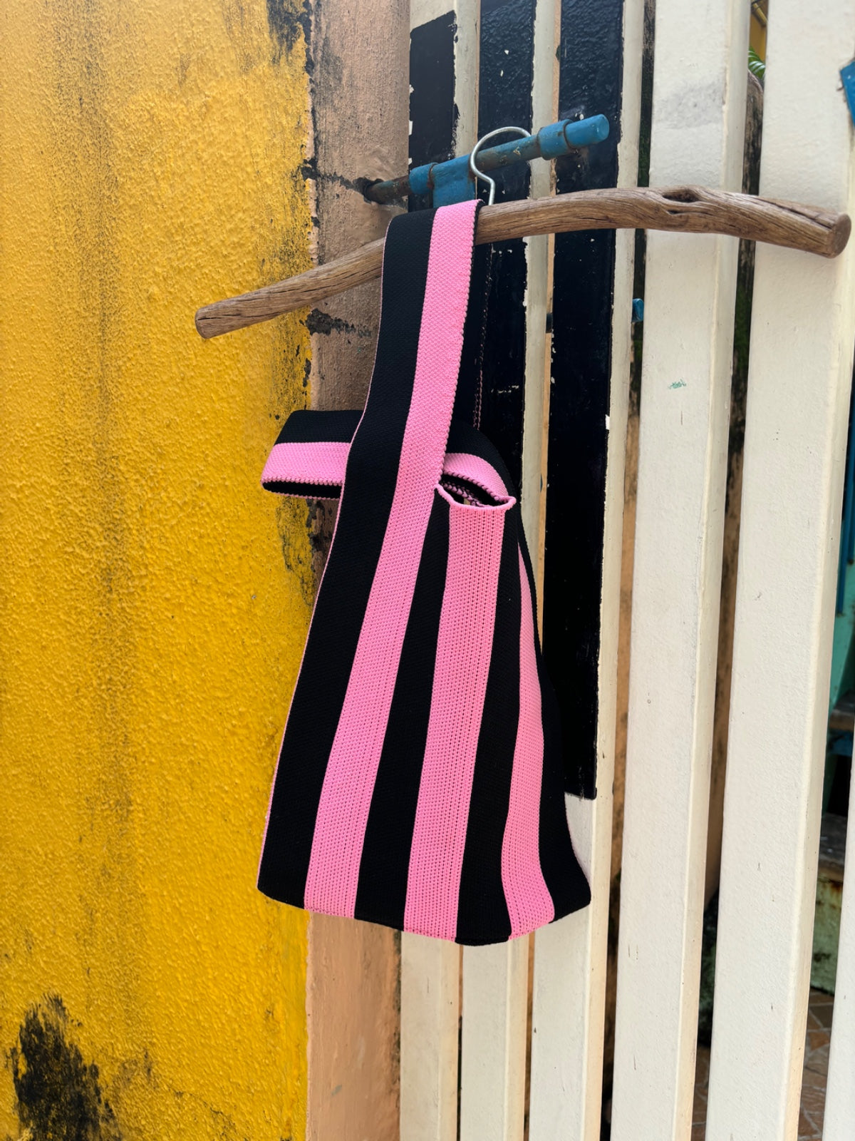 Knitted Carry Bag - Pink and Black Stripes