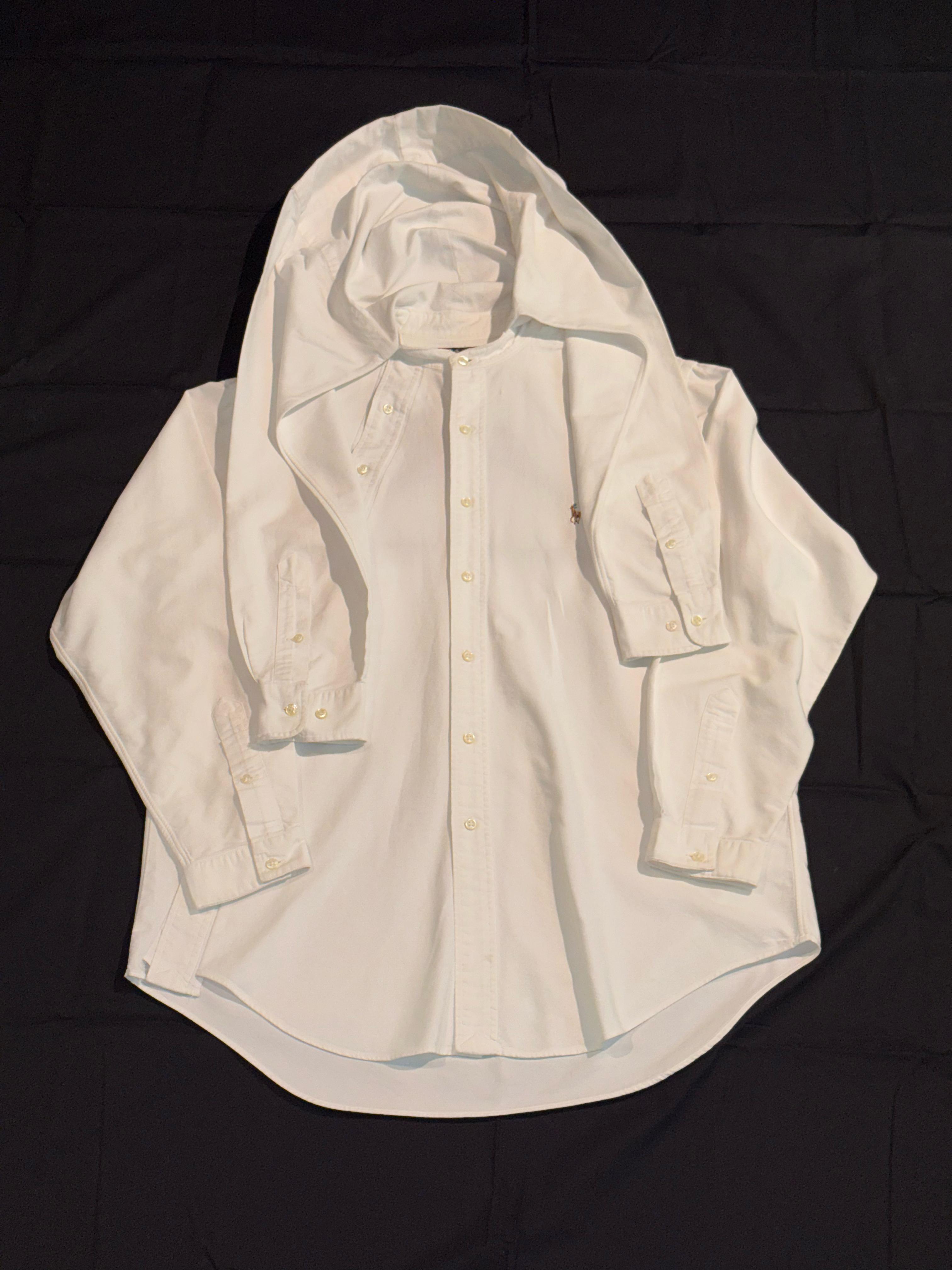Light-colored hooded jacket on a black background From The Mind - Ralph Lauren Upcycled Shirt With A Hood From The Mind - Ralph Lauren Upcycled Shirt With A Hood From The Mind - Ralph Lauren Upcycled Shirt With A Hood-TWO-EXTRA-LIVES-1