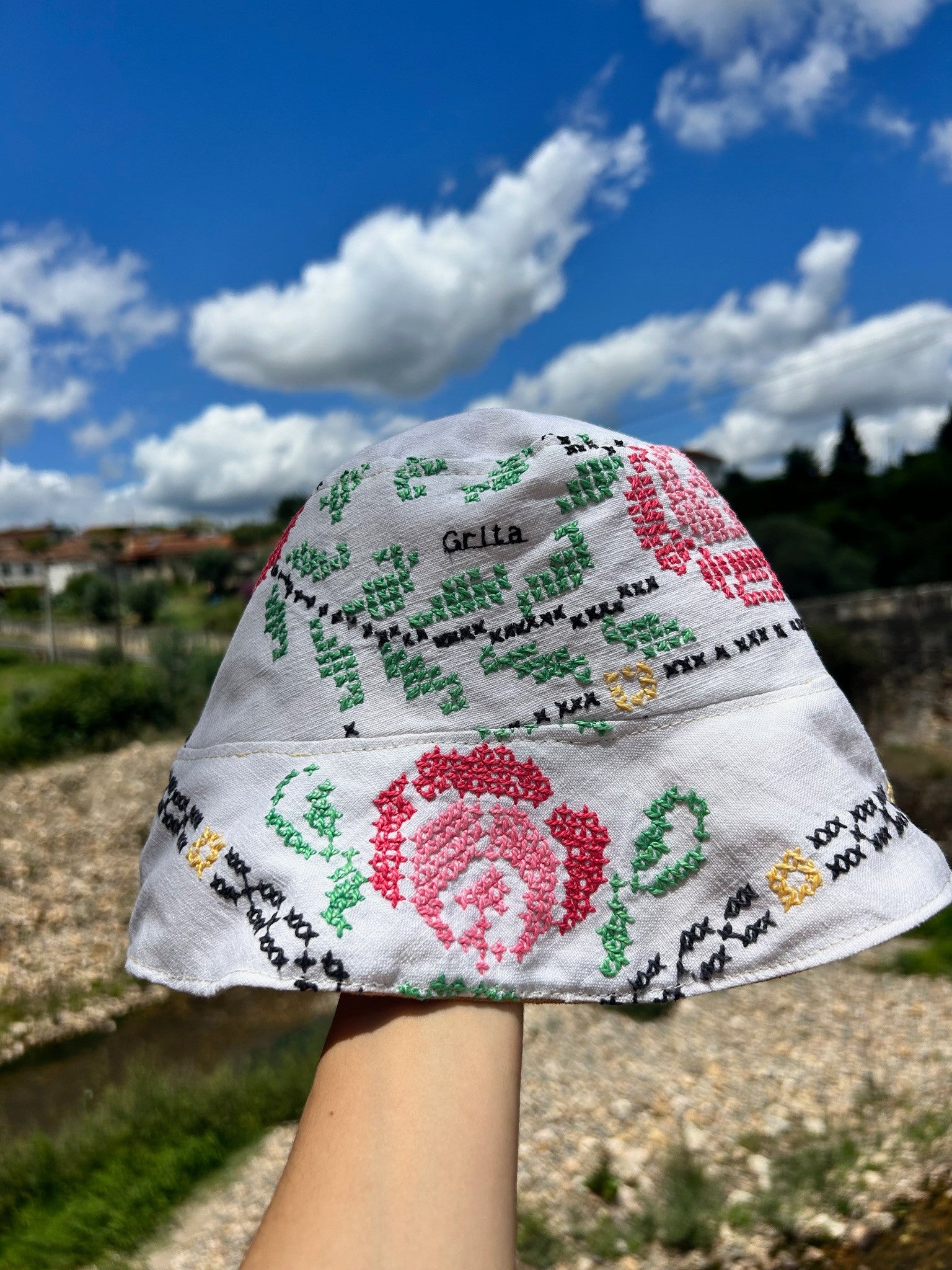Grita Barbara Hat sold by two extra lives made using old table cloths from portugal