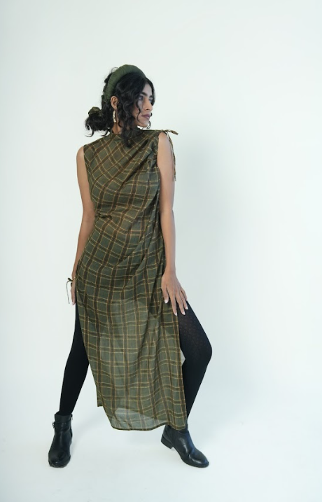 GODET CHECKERED GATHERED TOP IN GREEN