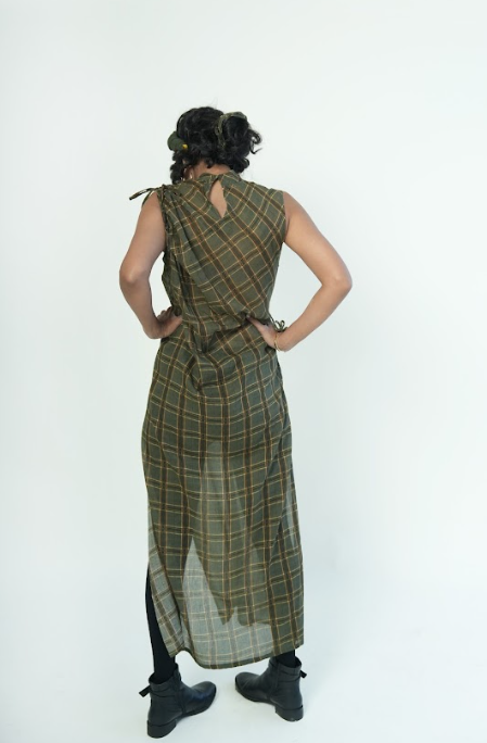 GODET CHECKERED GATHERED TOP IN GREEN