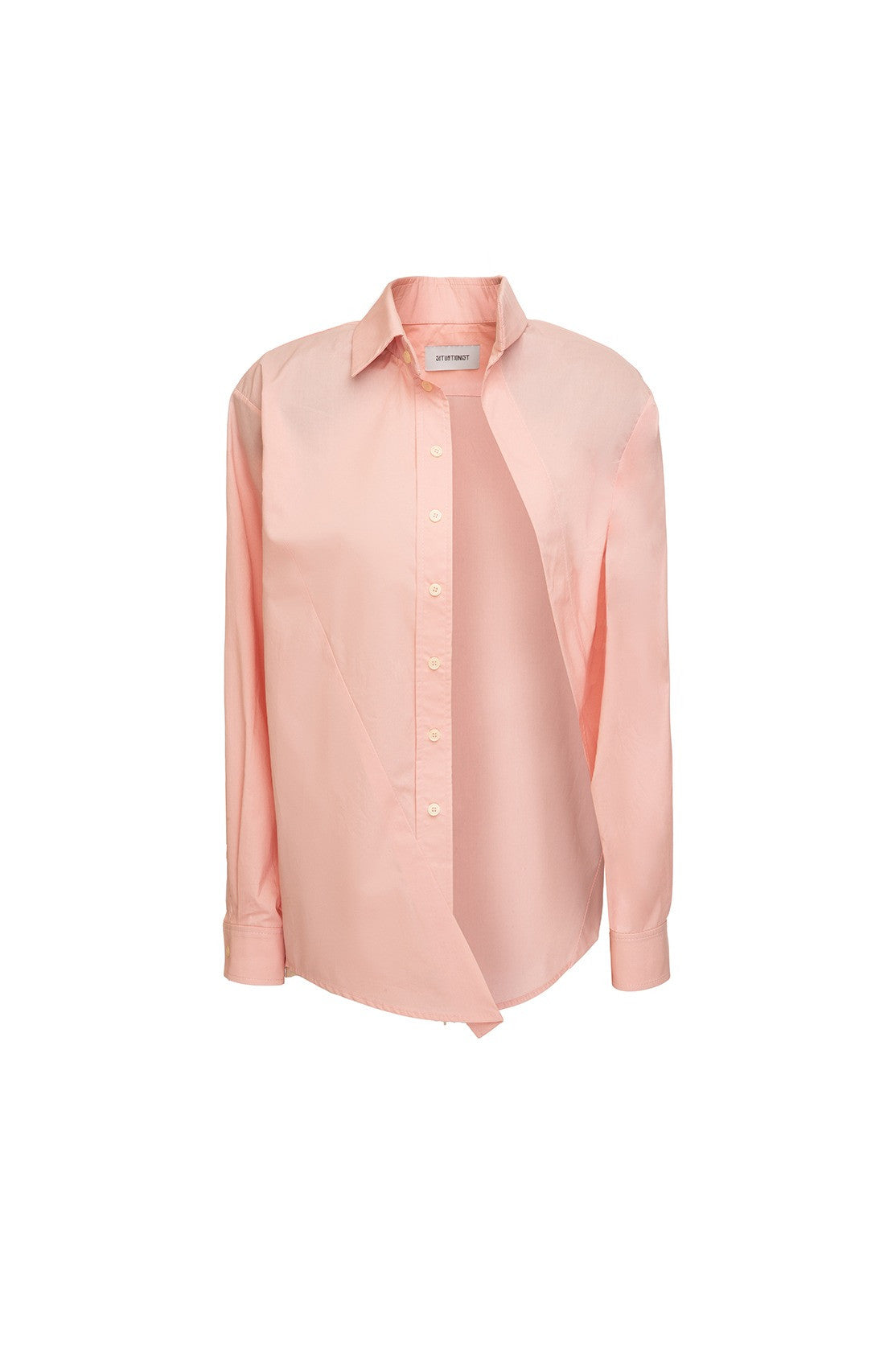 A pink cotton shirt with a collar, buttons down the front, and a visible brand tag on the collar.