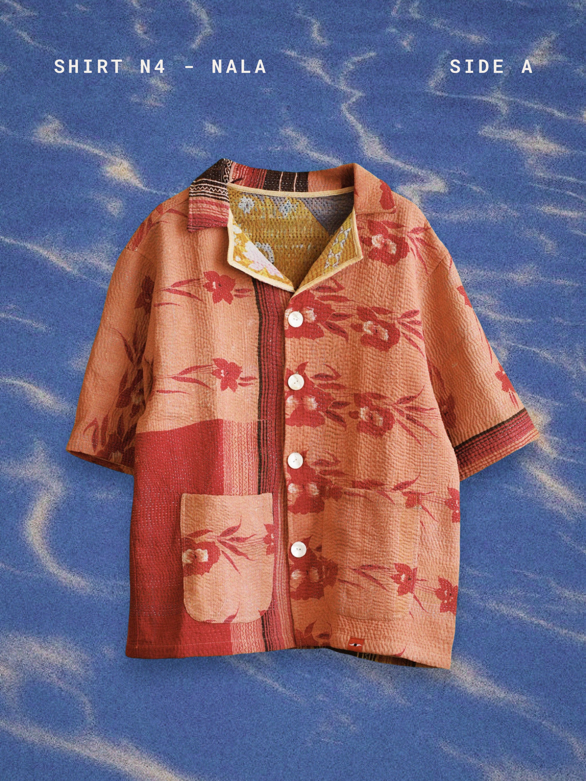 Patterned shirt labeled 'Nala' on a blue textured background