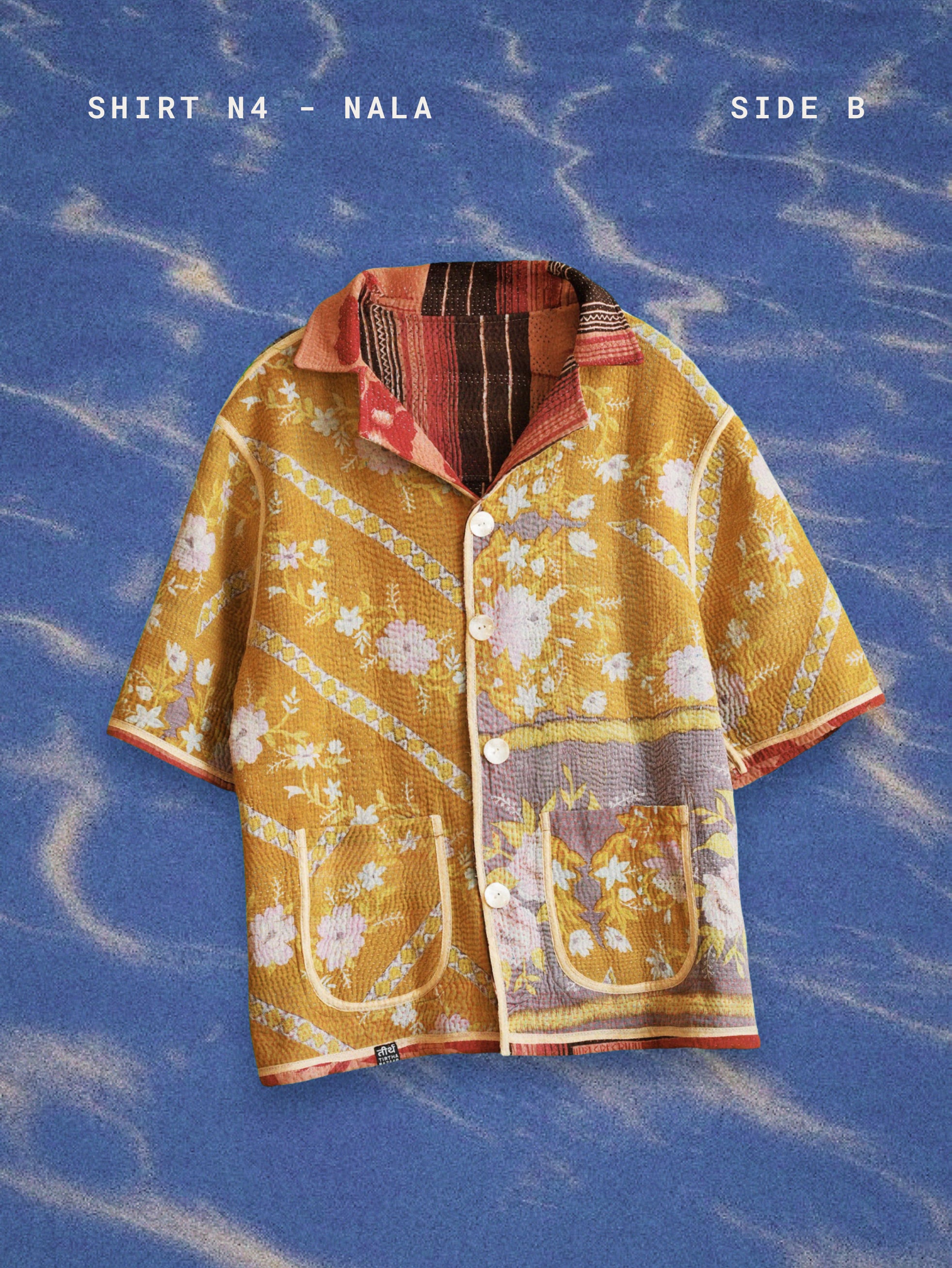 Yellow floral shirt with a patterned collar on a blue textured background