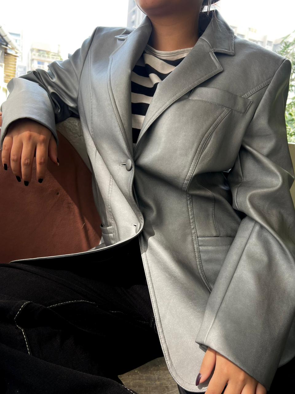 TOGETHER SILVER LEATHER BLAZER