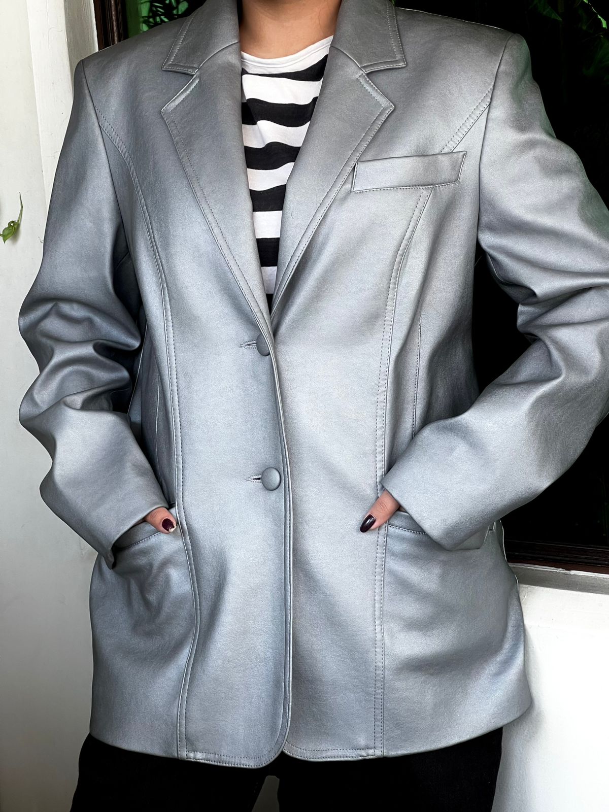 TOGETHER SILVER LEATHER BLAZER