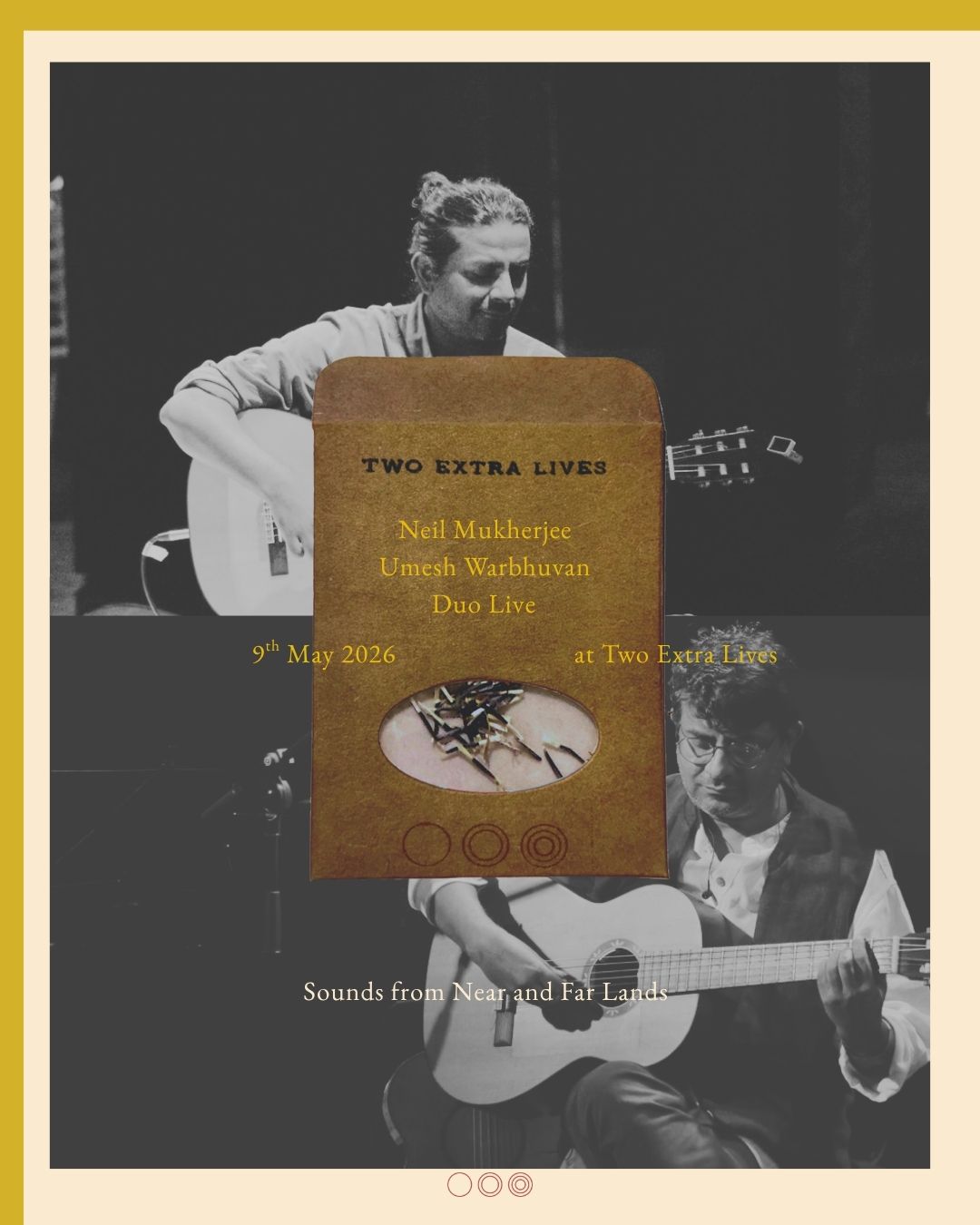 Promotional poster for a live event featuring Neil Mukherjee and Unesh Warhuwala, with a guitar and text overlay.